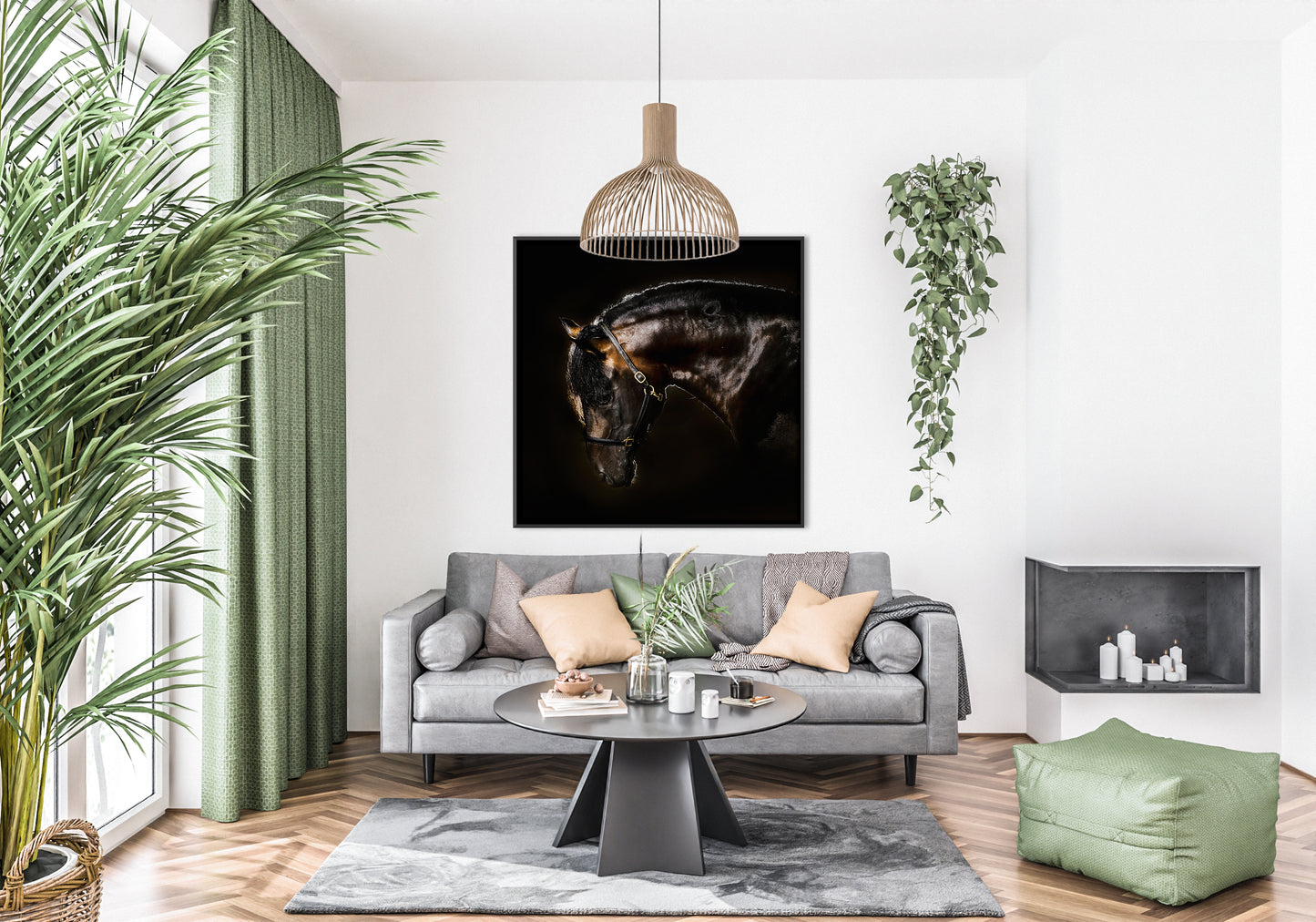 Living room with grey sofa and green curtains and large plant and large square photograph of horse on the wall