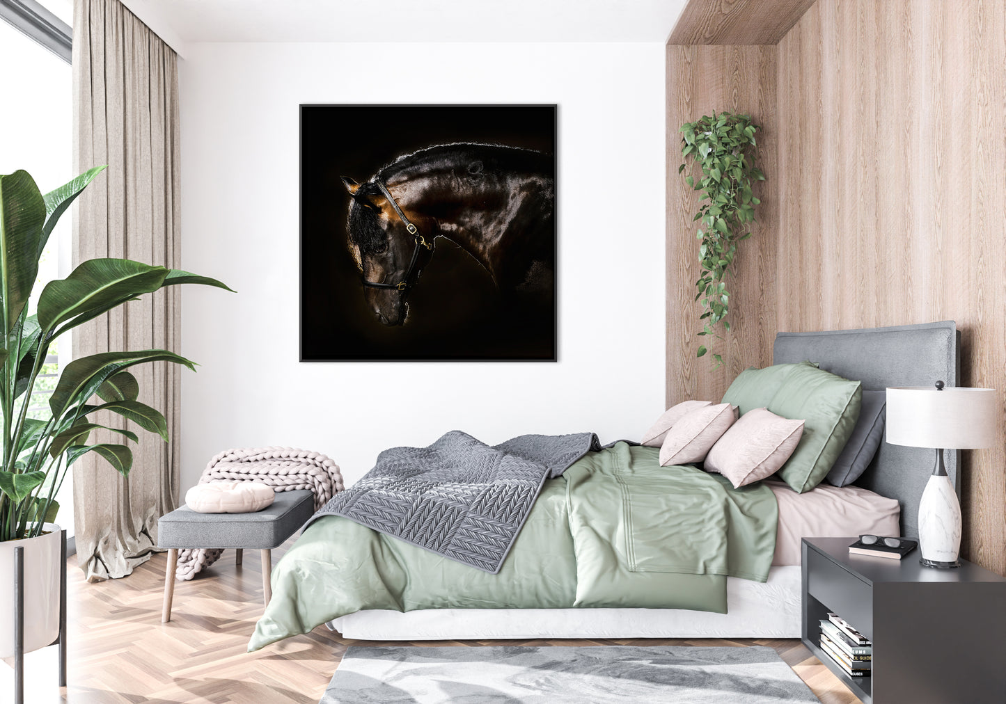 Elegant bedroom with large photograph of horse on the wall